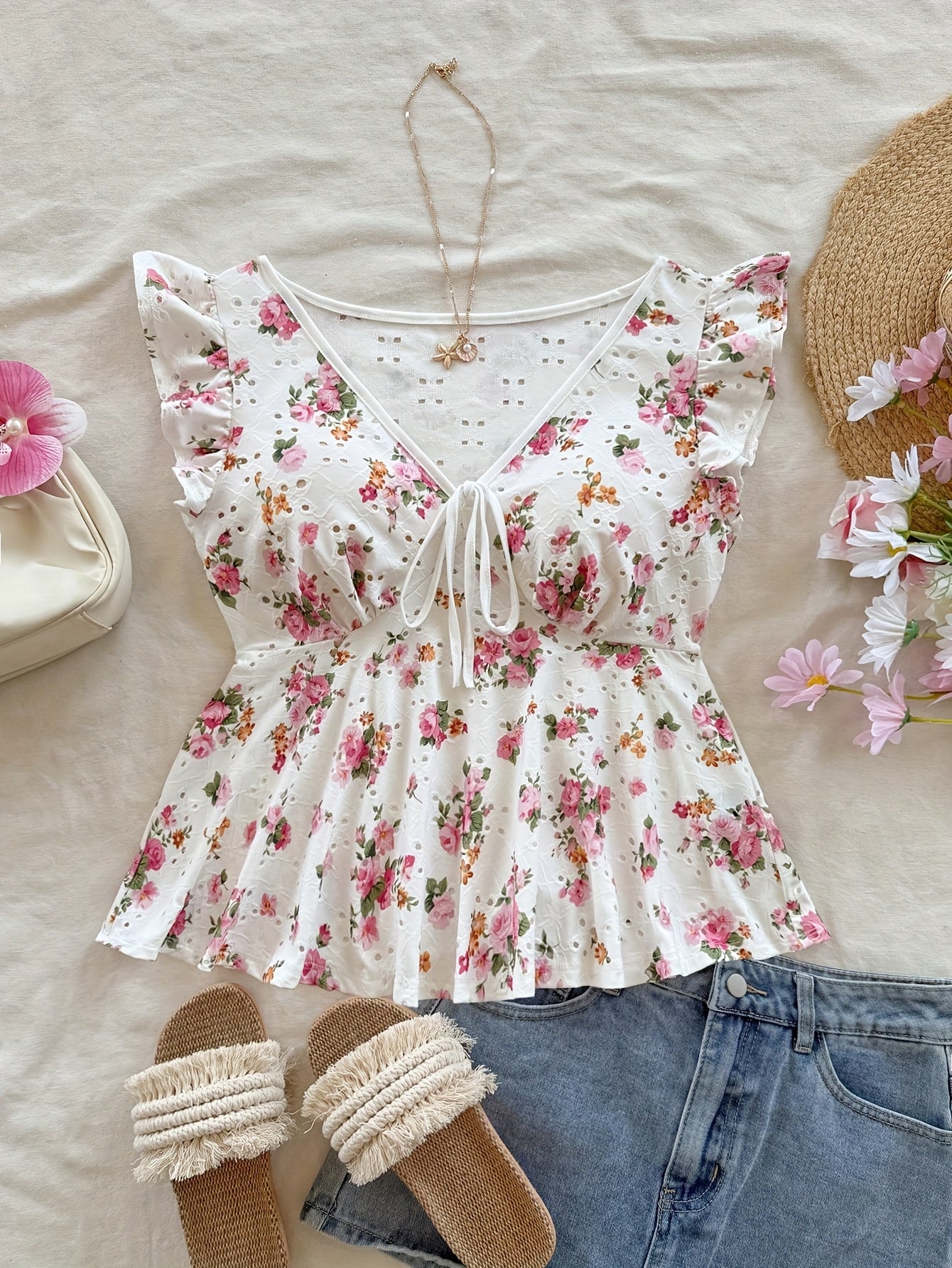 Dam Peplum Blus med Blommigt Mönster och Broderi – Romantisk Sommarstil för Vardag och Fest