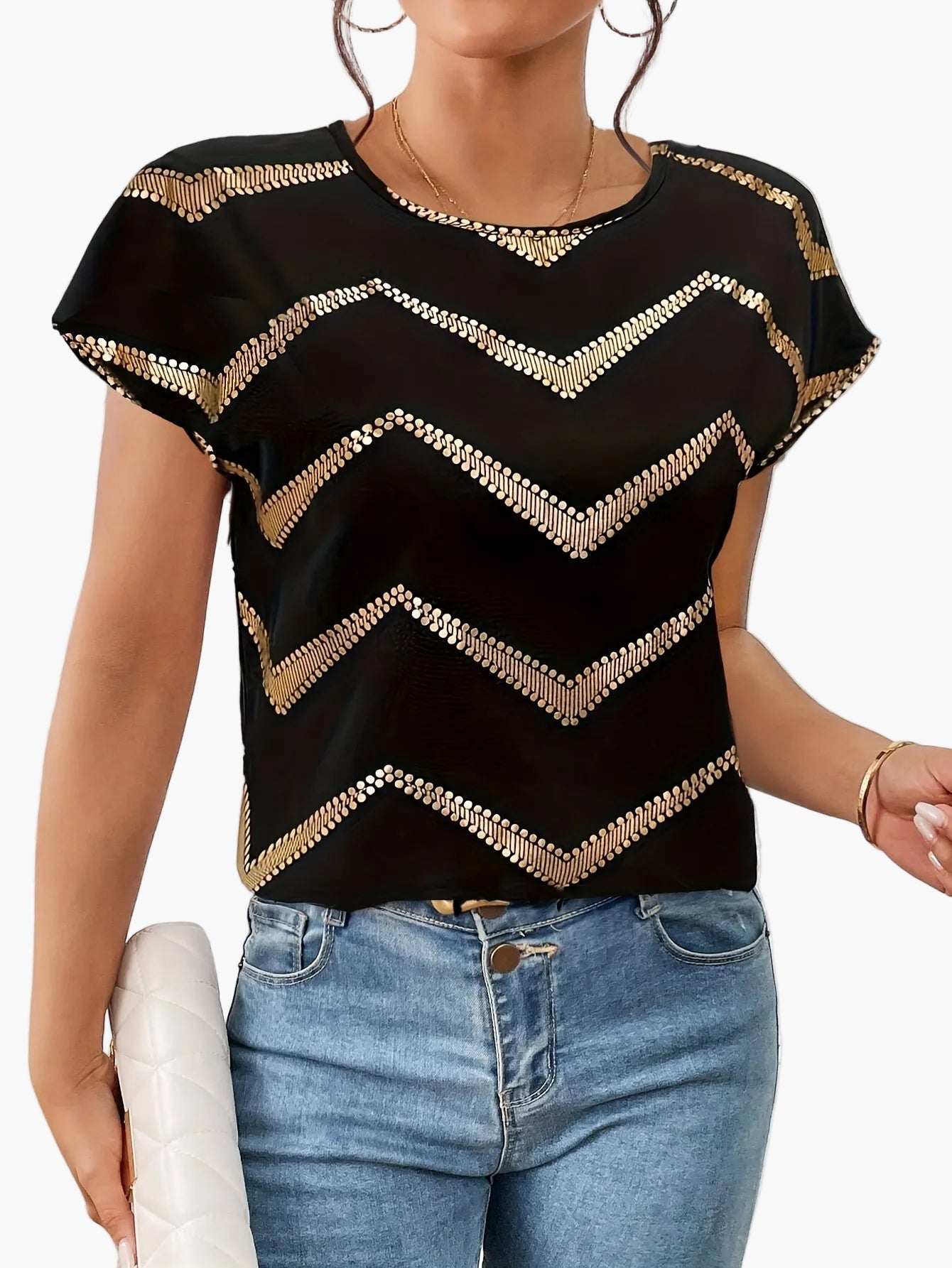 Dam Topp Elegant Geometriskt Mönster Kortärmad Blus för Vår och Sommar