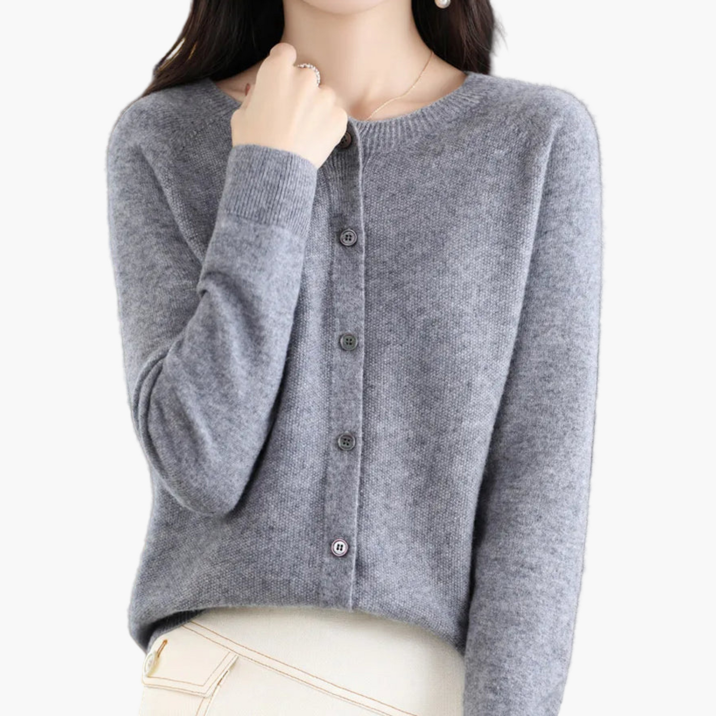 Dam Cardigan med Rund Hals och Knappstängning – Klassisk och Elegant Vardagströja