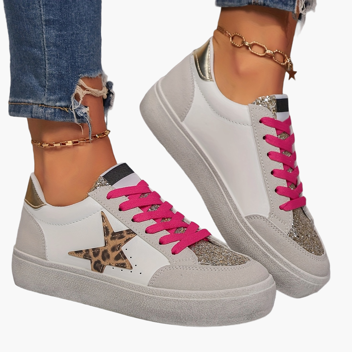 Dam Sneakers med Glittrig Stjärndesign – Trendiga Vardagsskor för Mode och Komfort