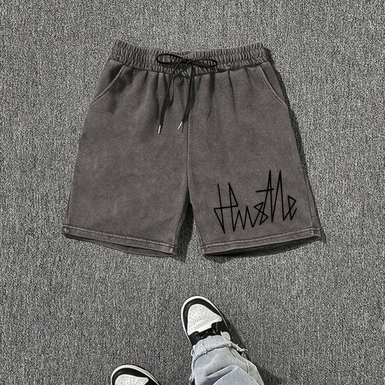 Herrshorts Streetwear med Hustle-tryck, avslappnad stil för vardagsbruk