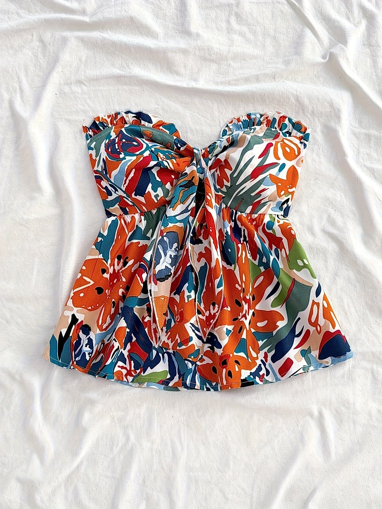 Dam Bandeau Knuten Kort Top – Somrig Blommig Design för Semester & Strand