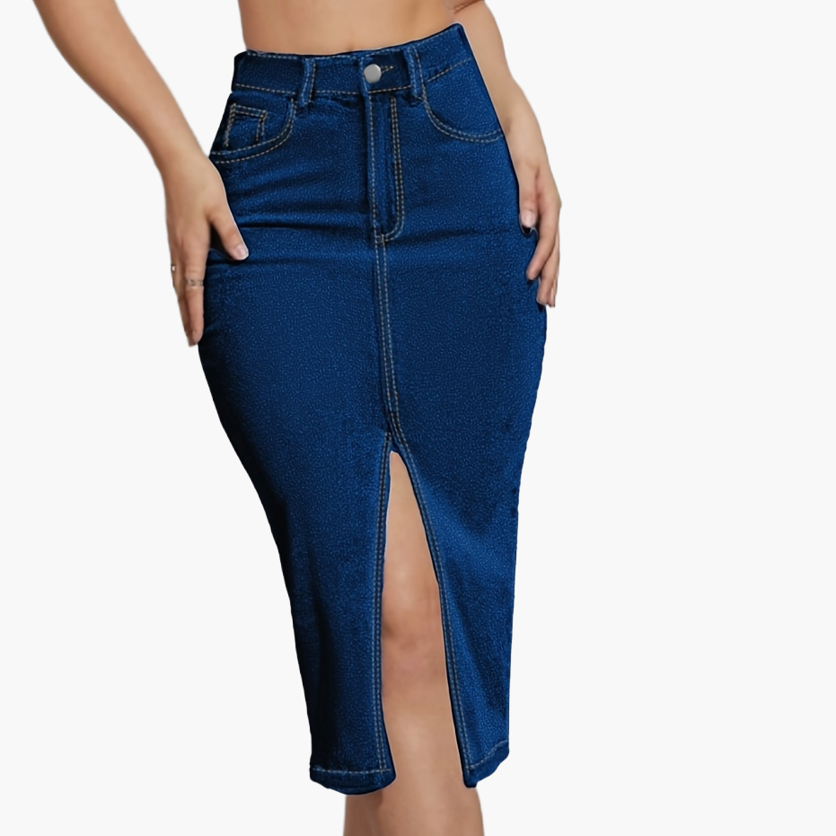 Dam Kjol Midi Slits Casual Denim Look Perfekt för Vardag och Sommar