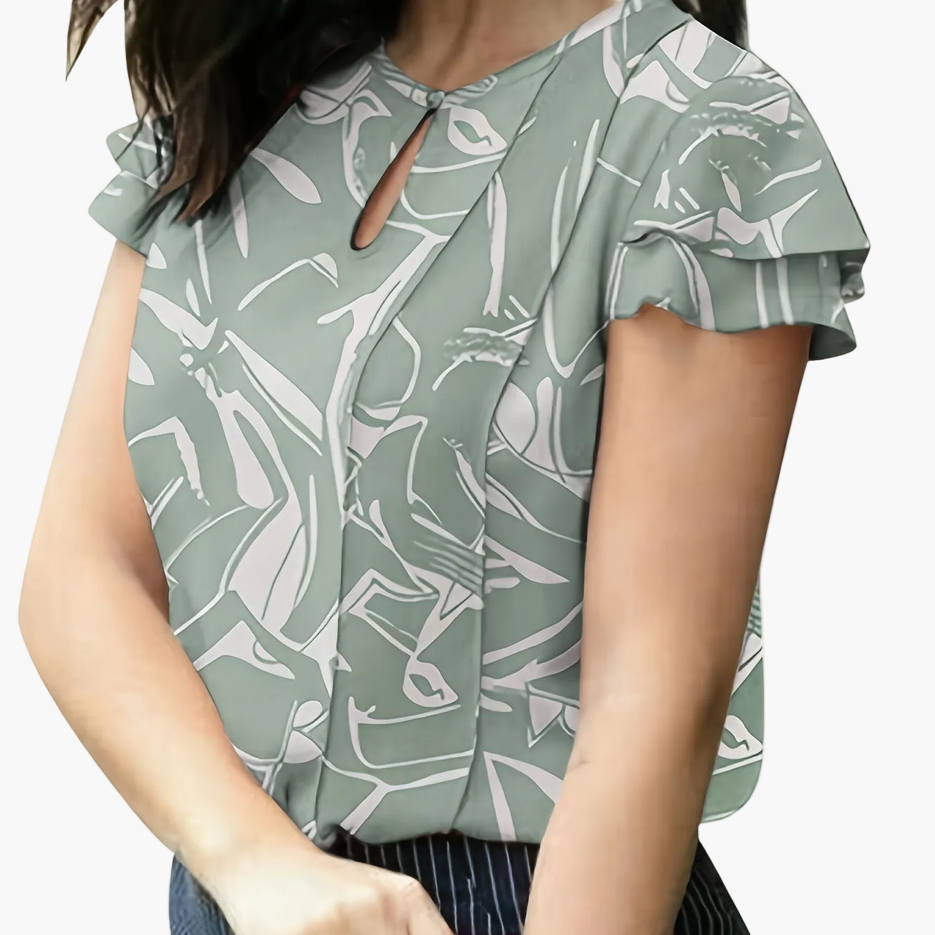 Dam Elegant Blus för Kontor och Fritid med Volangärm och Nyckelhålsdetalj