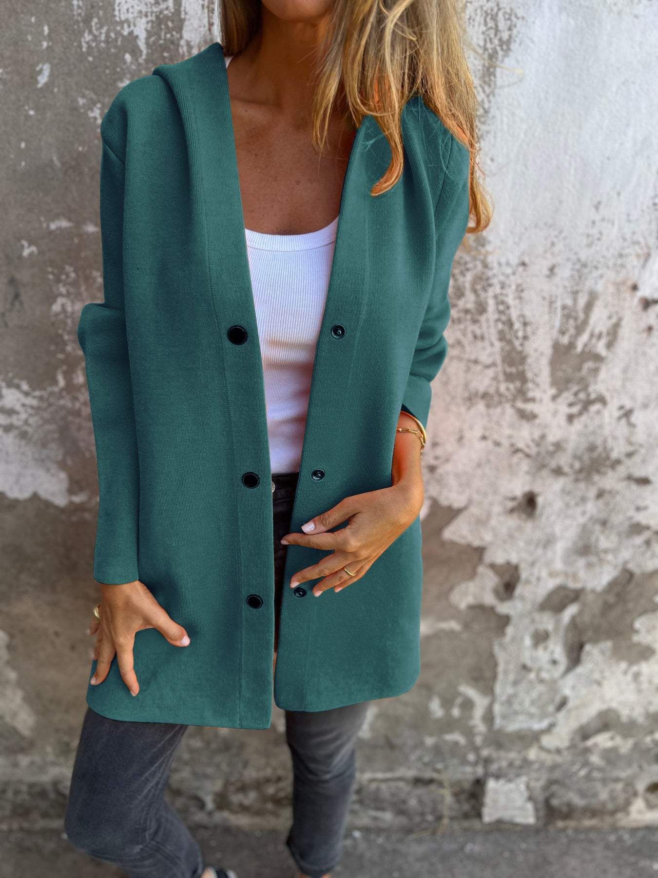Linda – Lättvikts Huva Enkelt Knäppt Cardigan Fashion Lös Enfärgad Jacka Vår och Höst Damkläder