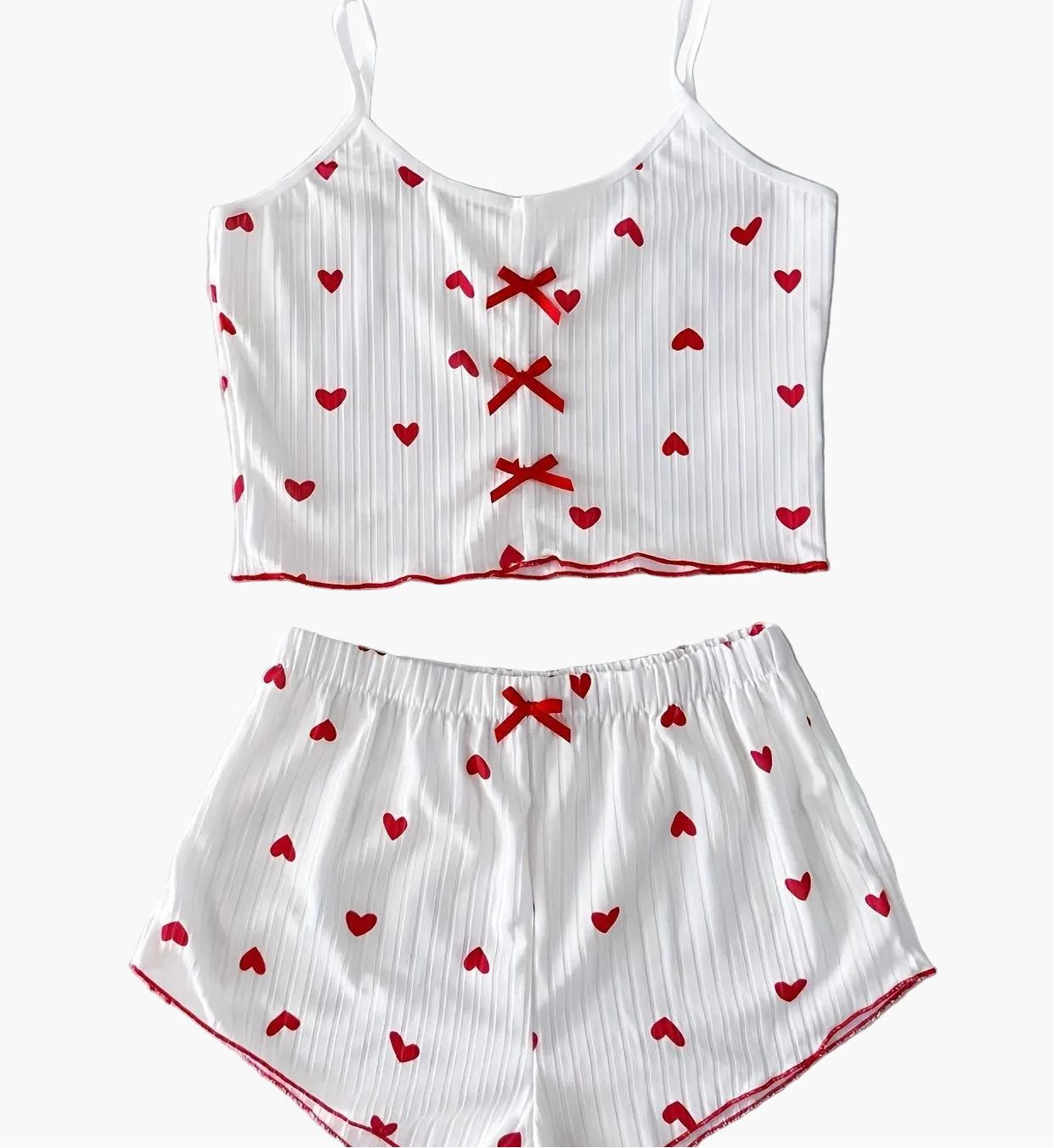 Dam Pyjamaset med hjärtmönster och rosett, sommar, tvådelad kort topp och shorts, söt och bekväm nattdräkt
