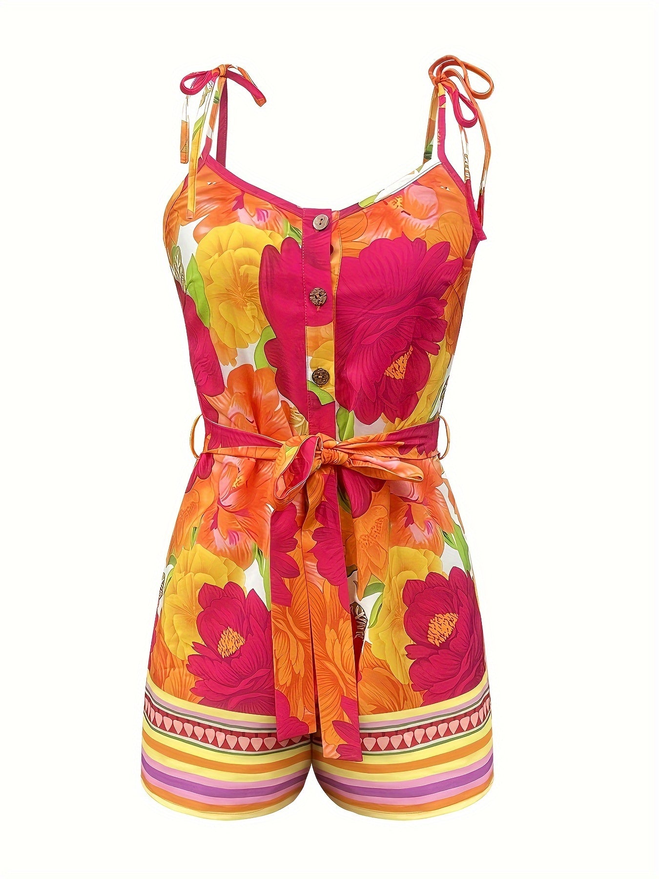 Dam Playsuit Sommar Elegant Med Bälte och Färgglatt Mönster – Perfekt för Semester och Fritid