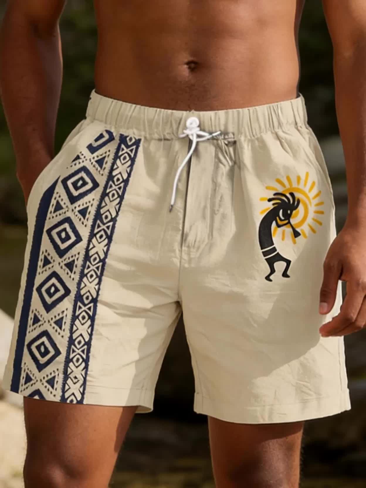 Herrshorts med etniskt mönster och konstnärligt motiv – Avslappnad stil för sommar och semester