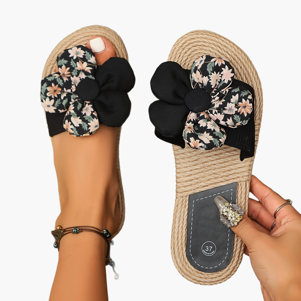 Dam Sandaler Slip-in med Stor Blomdetalj – Trendiga Espadrille Tofflor för Sommar & Semester