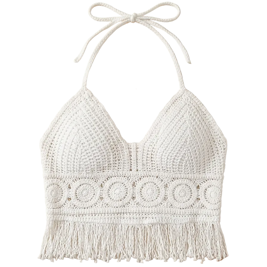 Dam Halterneck Virkad Boho Sommarlinne med Fransar – Festival & Strandmode