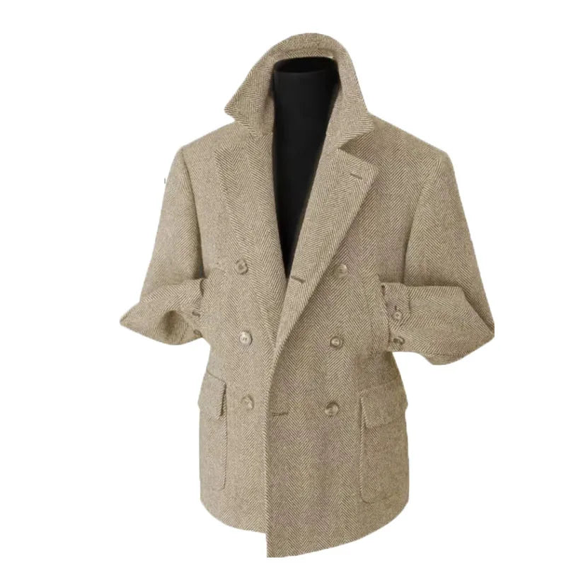 Herr Dubbelknäppt Kavaj – Klassisk Herringbone Vintage Blazer för Fest och Vardag