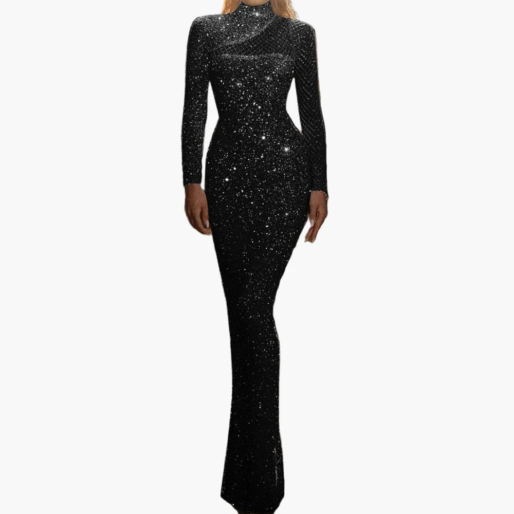 Dam Elegant Långärmad Paljettklänning för Fest och Kvällsbruk