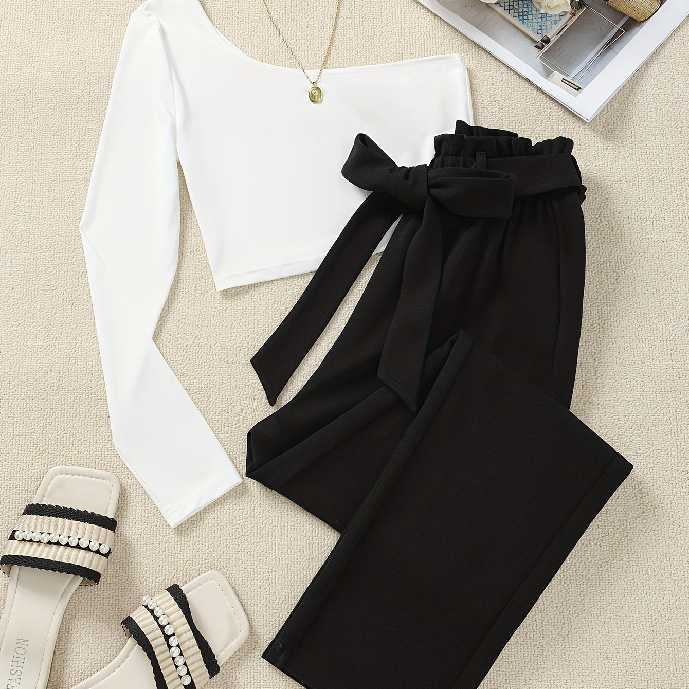 Dam Elegant Off-Shoulder Topp och Slacks Set – Perfekt för Vardagsbruk och Fest