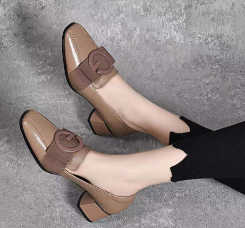 Amanda – Mjuk Chunky Heel Britisk Stil Fyrkantig Tå Skor i Vegansk Läder