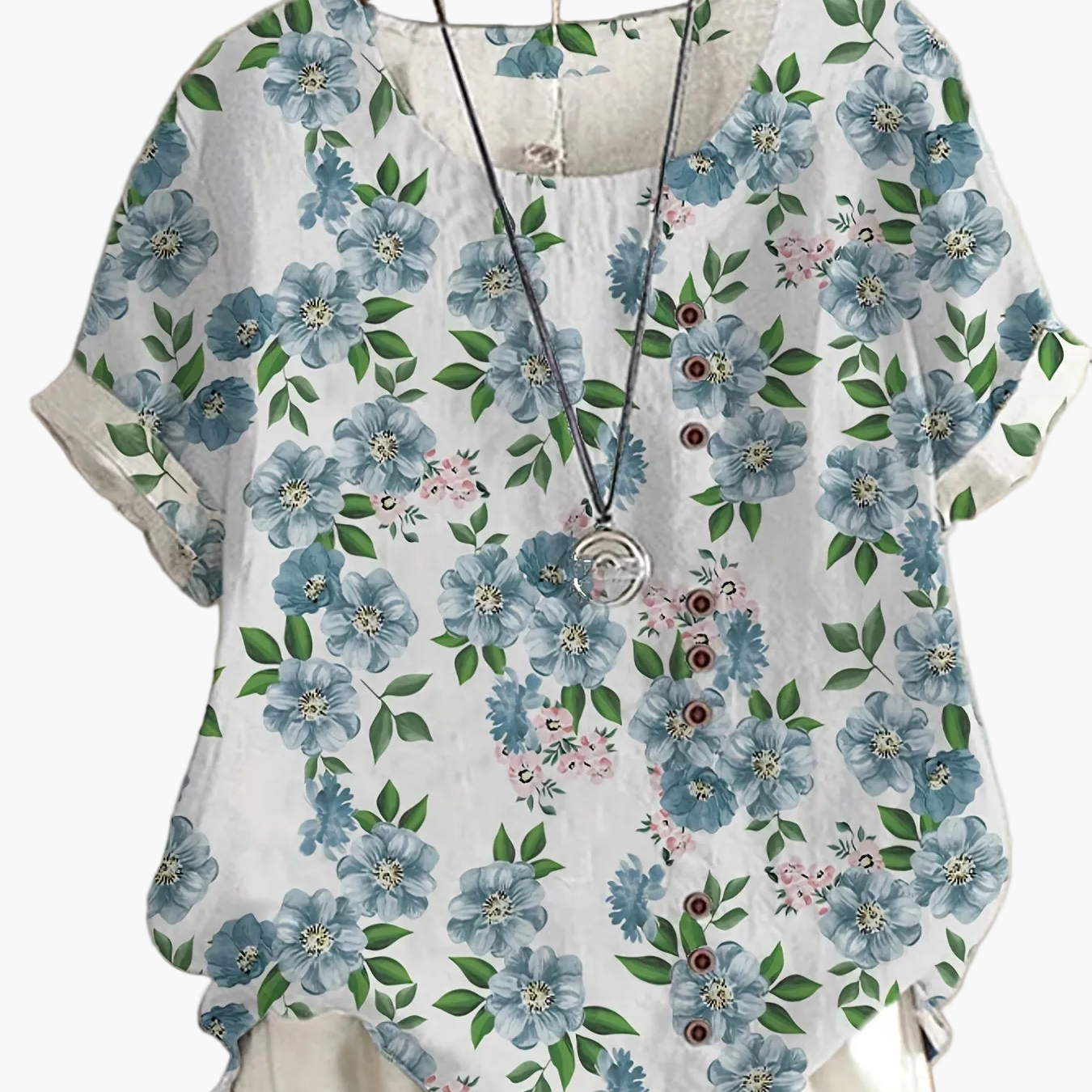 Dam Blus Vintage Blommig Kortärmad Sommartopp med Knappar