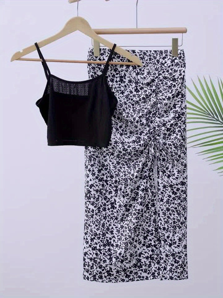 Dam Set – Trendigt Semesterkit med Crop Top och Blommig Kjol, Perfekt för Sommaren
