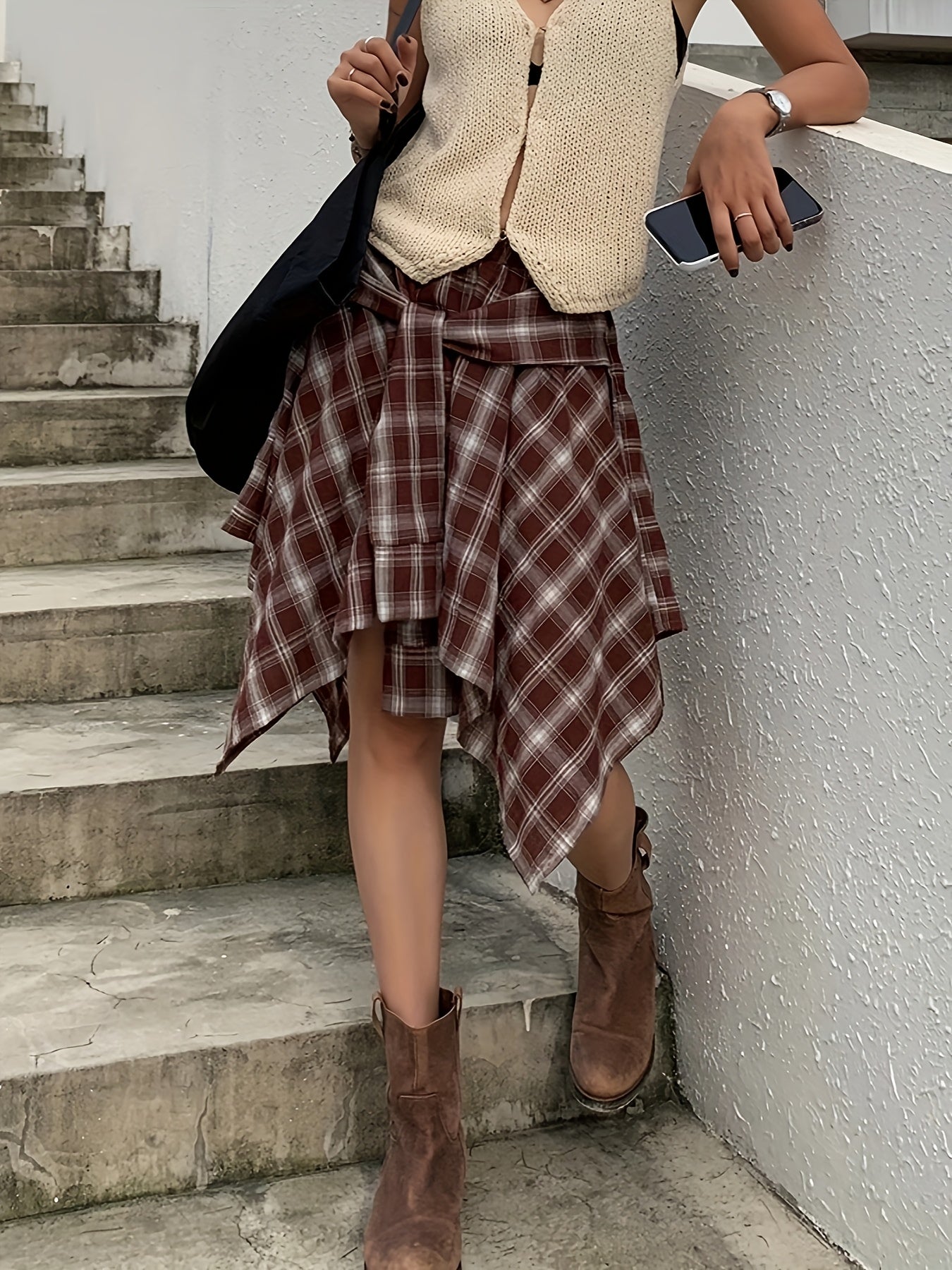 Dam Kjol Asymmetrisk Skjortstil Rutig Streetwear Urban Stil