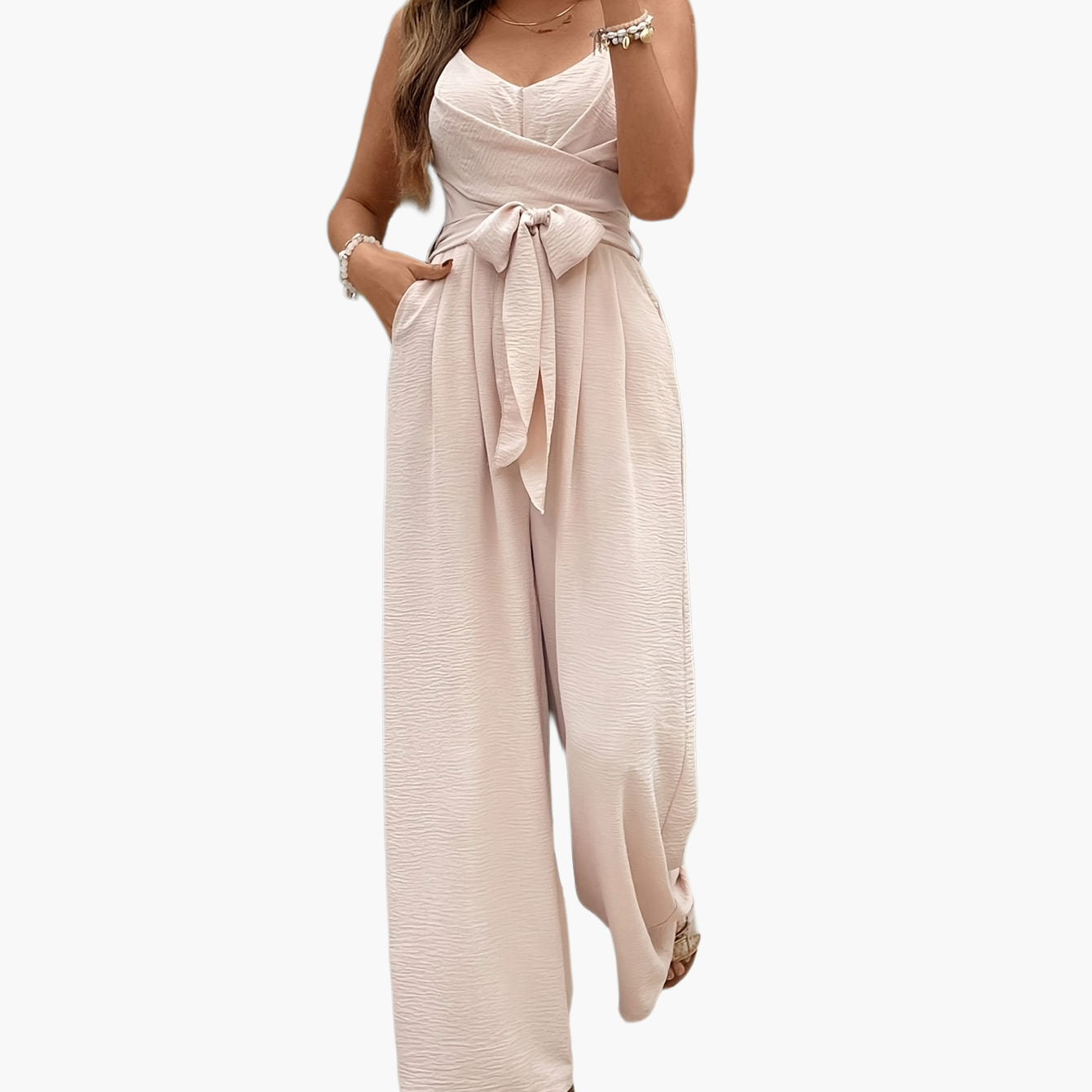 Dam Elegant Jumpsuit med Midjeband och V-ringning för Vår/Sommar – Perfekt för Fester och Semestern