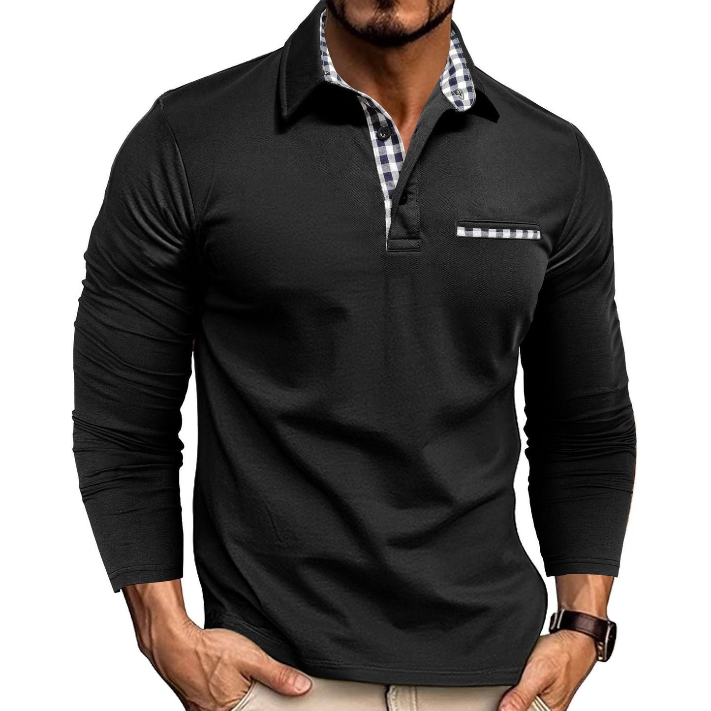Herr Pikétröja med Långa Ärmar och Rutiga Detaljer – Modern Slim Fit för Alla Tillfällen
