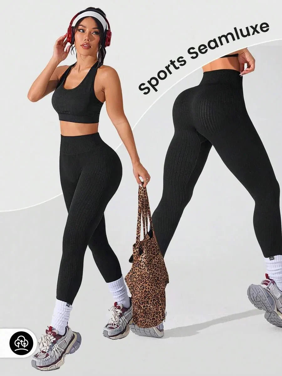 Dam Träningstights Ribbed Seamless – Högmidjade Formande Leggings för Träning & Vardag