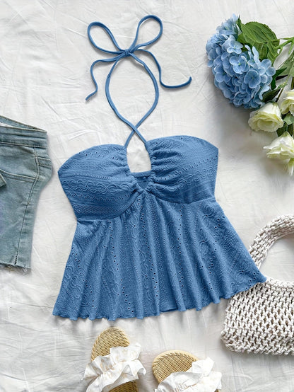 Dam Halterneck Sommartopp med Broderade Detaljer – Romantisk Babydoll Stil