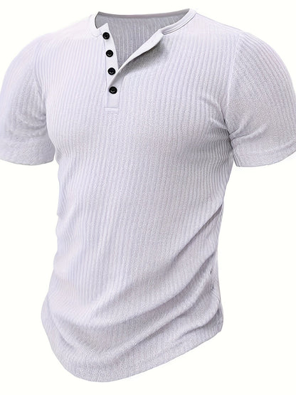 Herr T-shirt med ribbad struktur och knappslå – Ledig och stilren för sommar och vardag