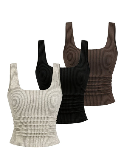 Damers ribbstickad cropped linne – trendig vardagstopp med fyrkantig hals