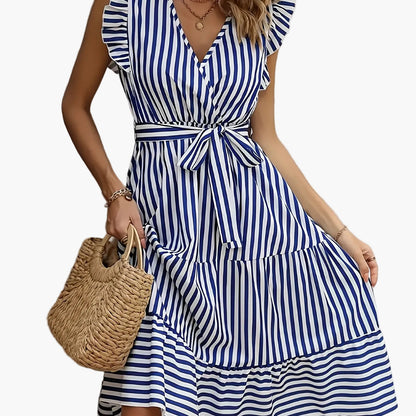 Damklänning Elegant Randig Sommarklänning med Volang och Midjeband