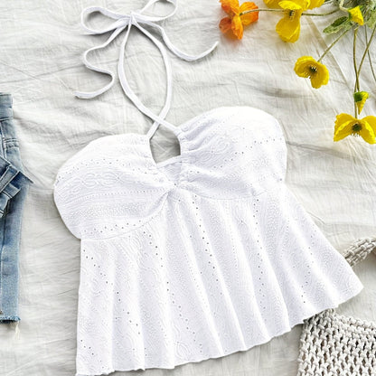 Dam Halterneck Sommartopp med Broderade Detaljer – Romantisk Babydoll Stil