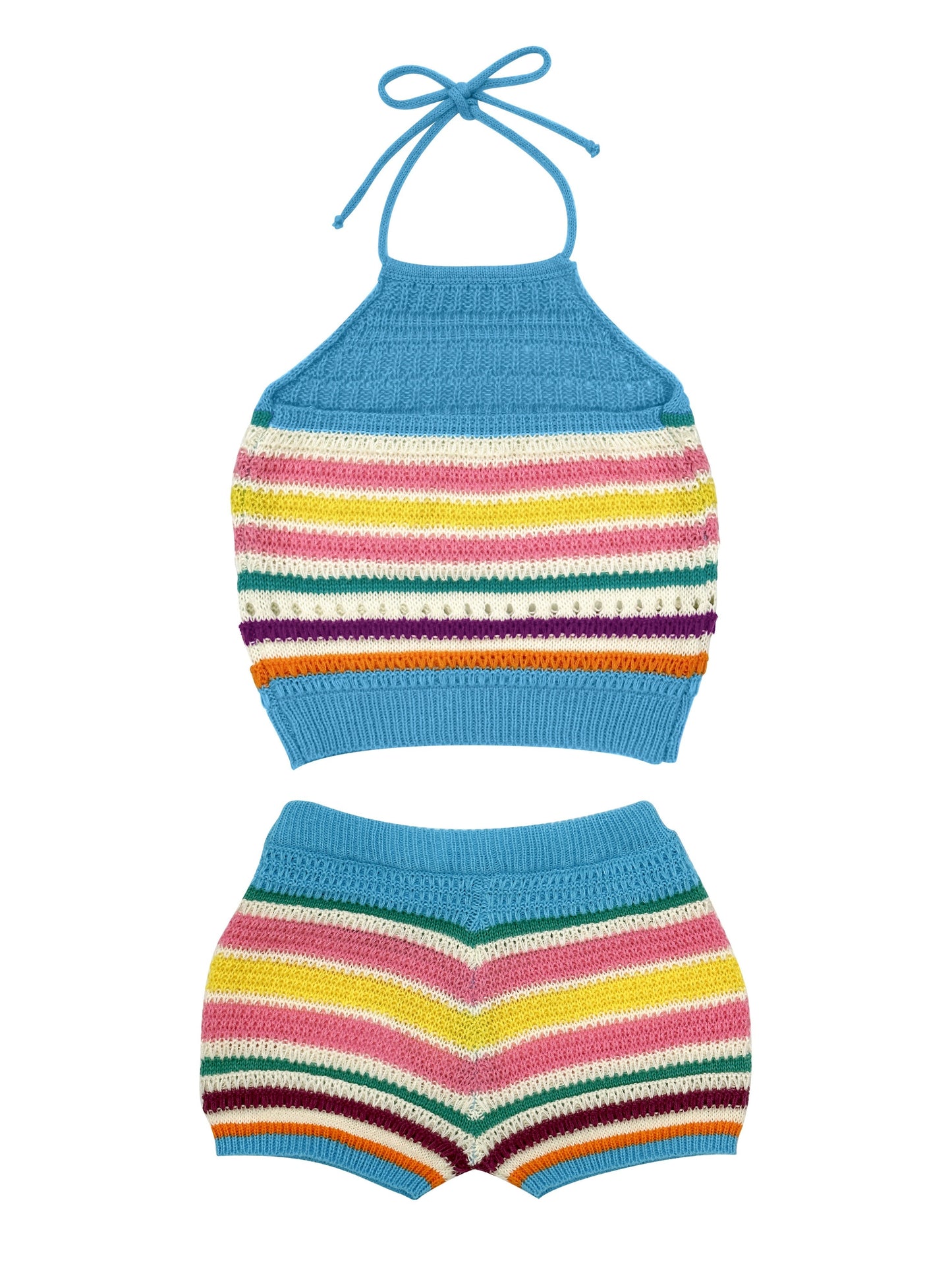 Dam Set Y2K Stickad Halterneck Topp och Shorts – Trendigt Sommaroutfit