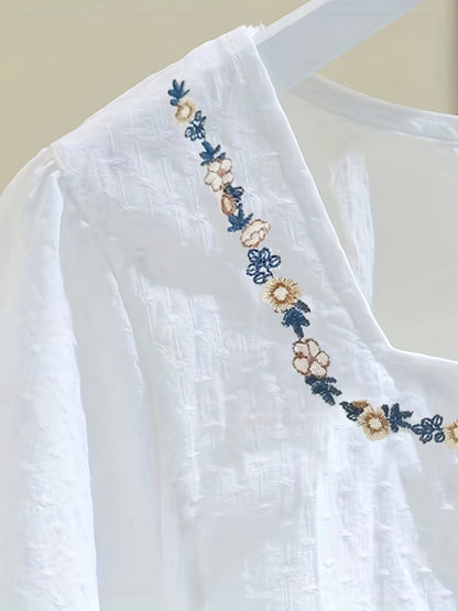Dam Elegant Blus med Broderade Blommor och Fyrkantig Hals – Vår/Sommar Top