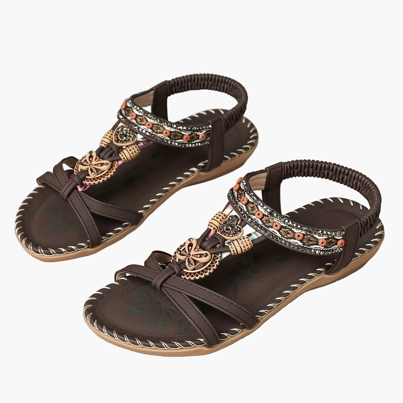 Damsandaler Boho Chic med Dekorativa Remmar och Pärldetaljer – Perfekta för Sommar och Semester