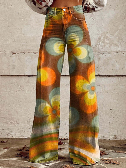 Jennifer – Tryckta Högmidjade Långa Byxor i Premium Vegan Denim