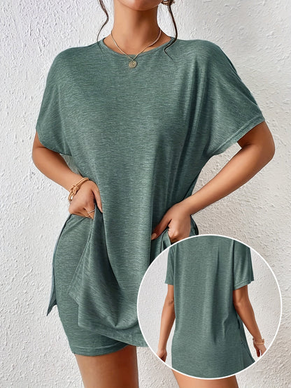 Damset Lounge Wear T-shirt och Shorts med Slits Elegant Stil