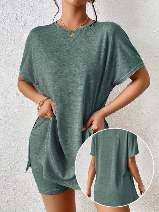 Damset Lounge Wear T-shirt och Shorts med Slits Elegant Stil