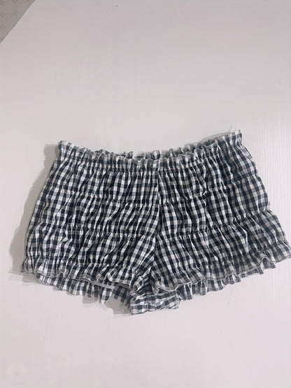Dam Y2K Rutig Sovshorts med Volanger – Trendig Sommarstil för Hemma och Vila