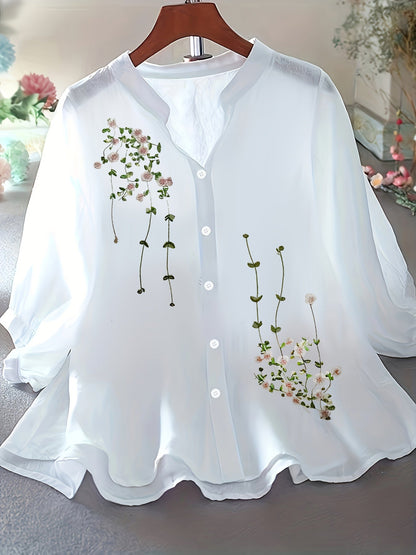 Dam Elegant Blus med Broderade Blommor och Ståkrage – Perfekt för Sommar och Arbete