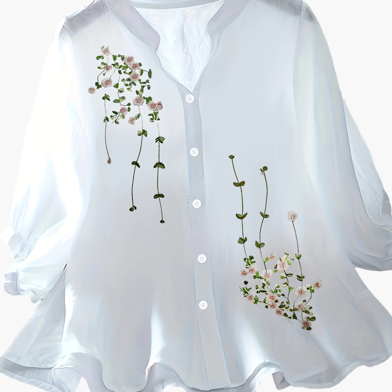 Dam Elegant Blus med Broderade Blommor och Ståkrage – Perfekt för Sommar och Arbete