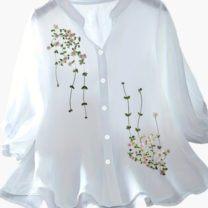 Dam Elegant Blus med Broderade Blommor och Ståkrage – Perfekt för Sommar och Arbete