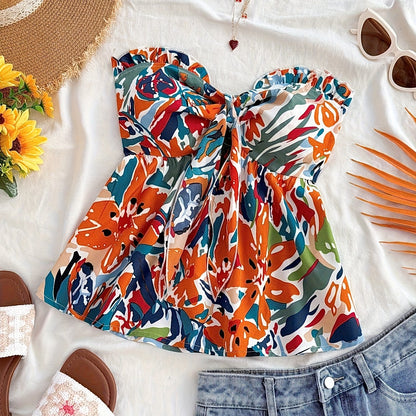 Dam Bandeau Knuten Kort Top – Somrig Blommig Design för Semester & Strand