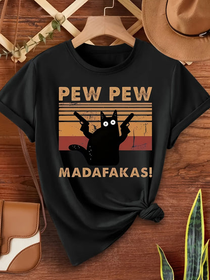 Herr T-shirt med rolig katt och retrotryck – Pew Pew Madafakas – Kort ärm, avslappnad stil