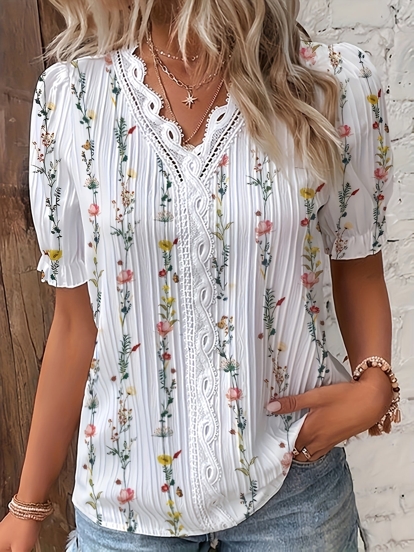 Dam Blus Elegant Somrig V-ringad Blommig Kortärmad Weekend Casual
