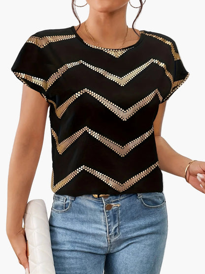 Dam Topp Elegant Geometriskt Mönster Kortärmad Blus för Vår och Sommar