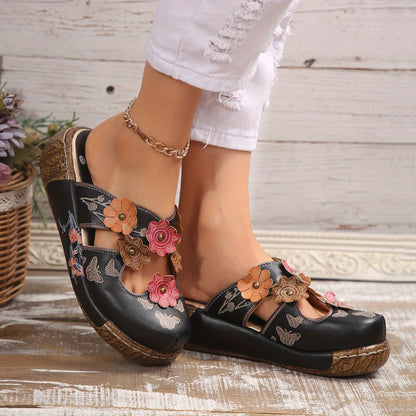 Damskor kilklack slip-in bohemisk vardagsstil med blommor och fjärilar