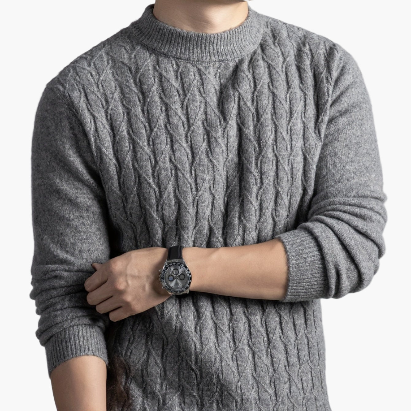 Herrtröja med kabelstickad design – Elegant vardagsstil, lång ärm, höst/vinter