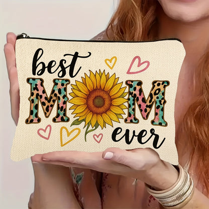 Kvinnors necessär med solros och texten 'Best Mom Ever' – Trendig present till mamma