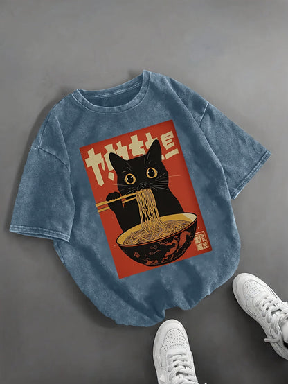 Unisex T-shirt med Vintage Katt och Ramen, Japansk Stil, Casual Mode