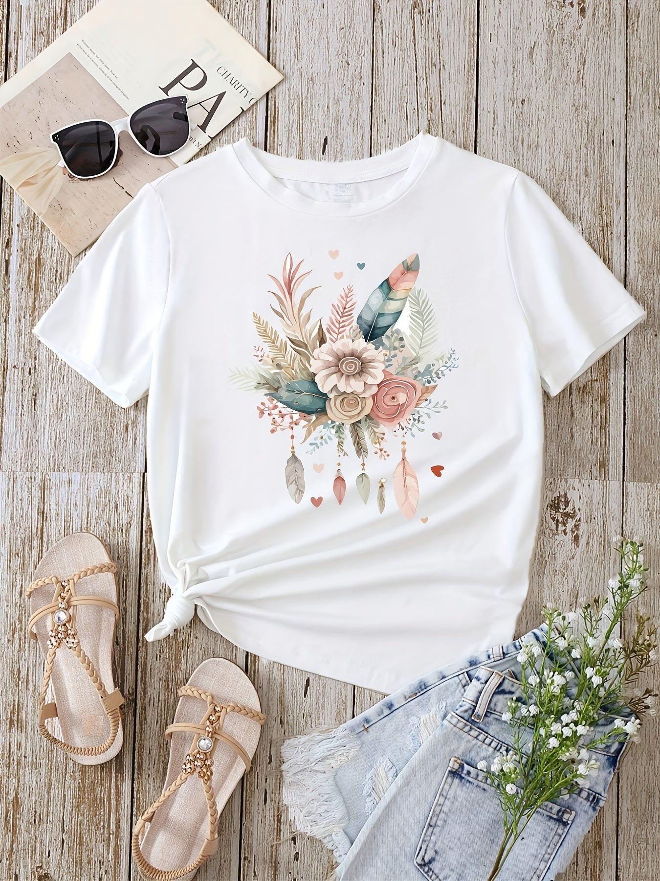 Dam T-shirt med blommigt och fjädertryck, avslappnad stil, perfekt för vardagsbruk
