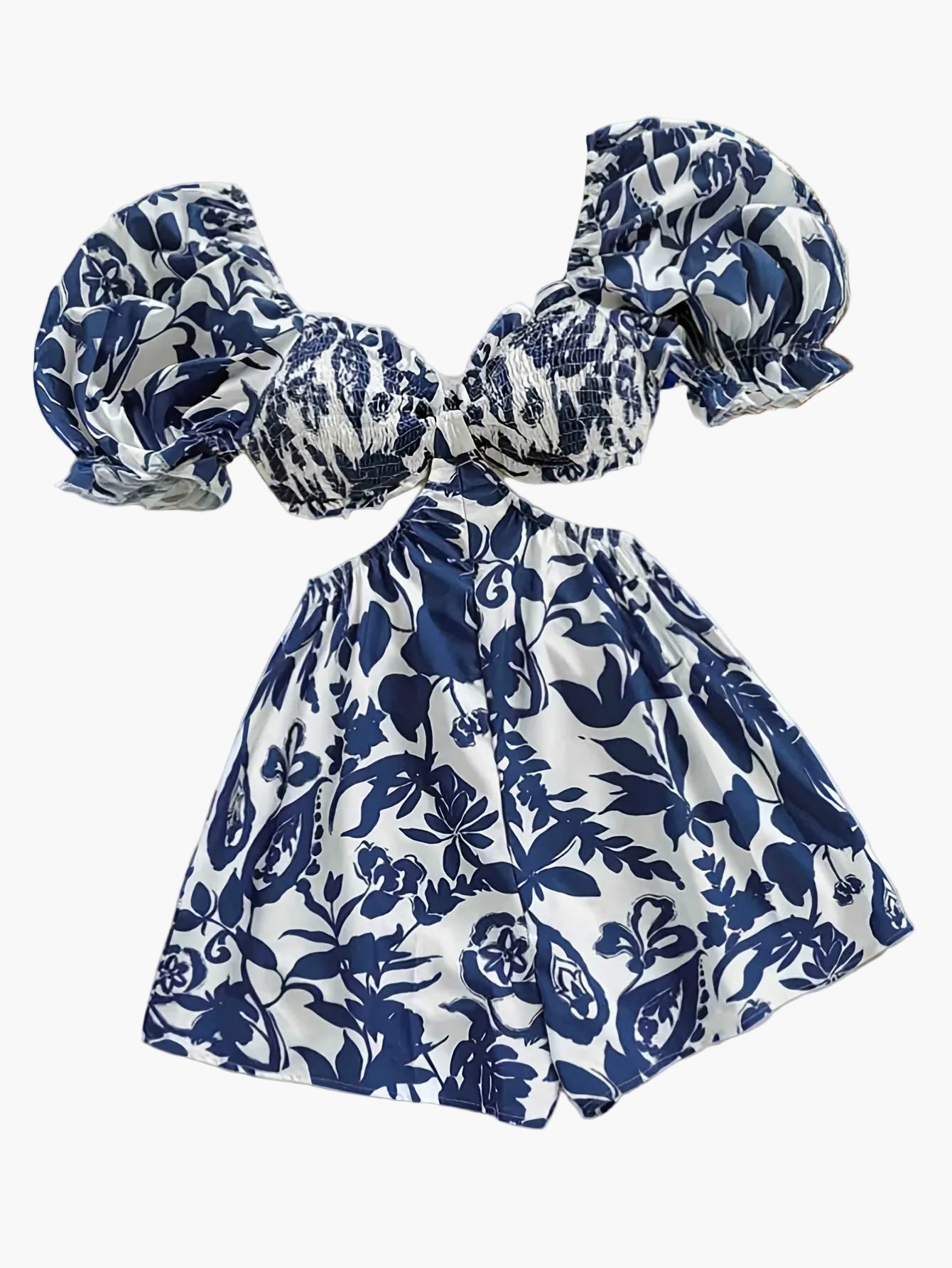 Dam Playsuit med Tropiskt Bladmönster och Puffärmar – Perfekt för Sommar och Semester