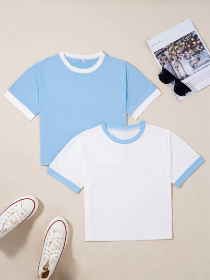 Dam T-shirt Set med Kontrastkant och Kort Ärms, Trendig och Avslappnad Stil för Vardagsbruk